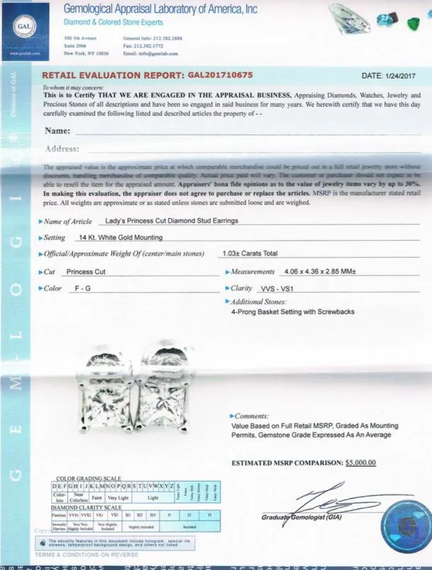 1 CT Diamond Stud Earrings Certified 14k White Gold F Color VVS2 Princess Cut