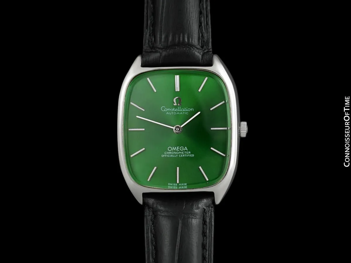 1978 Omega Constellation Chronometer Vintage Mens Tonneau Watch with Green Emerald Dial - Stainless Steel