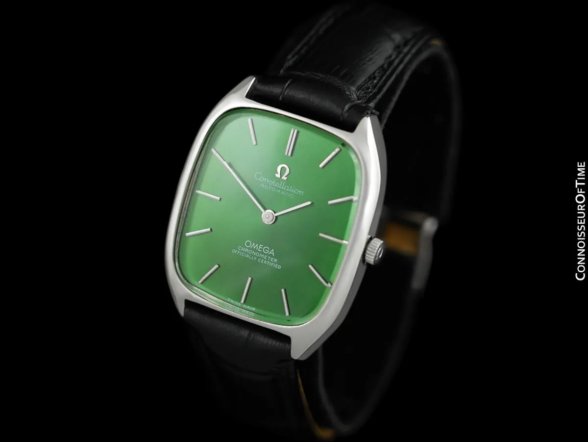 1978 Omega Constellation Chronometer Vintage Mens Tonneau Watch with Green Emerald Dial - Stainless Steel