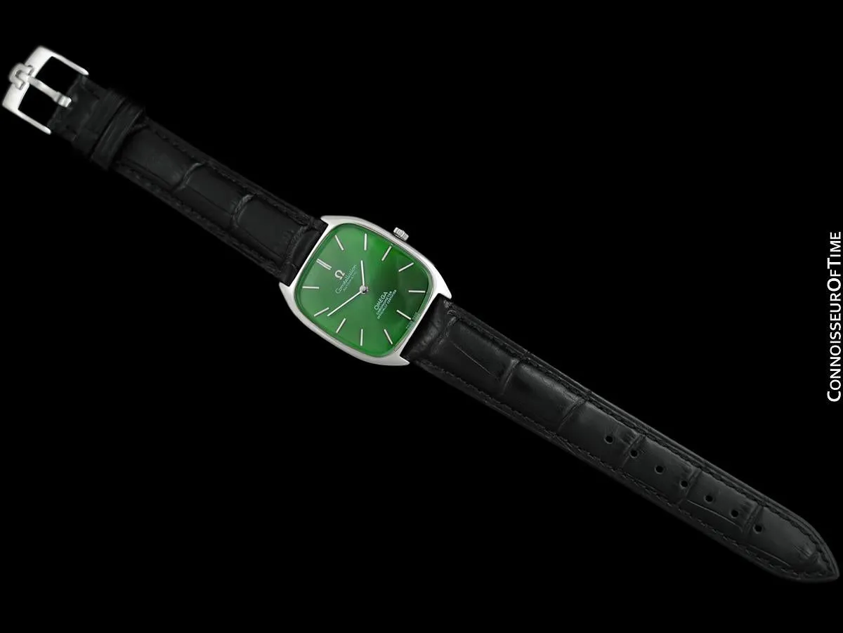 1978 Omega Constellation Chronometer Vintage Mens Tonneau Watch with Green Emerald Dial - Stainless Steel