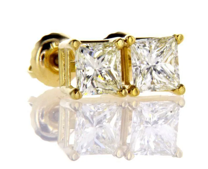 1CT Diamond Stud Earrings 14K Yellow Gold Certified Natural Princess Cut