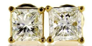 1CT Diamond Stud Earrings 14K Yellow Gold Certified Natural Princess Cut