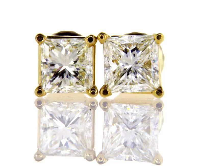 1CT Diamond Stud Earrings 14K Yellow Gold Certified Natural Princess Cut