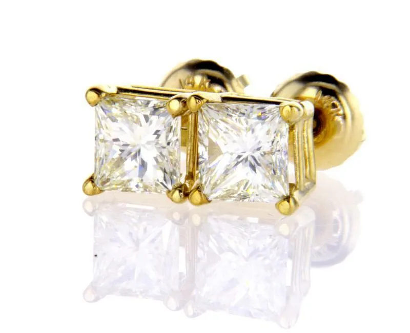 1CT Diamond Stud Earrings 14K Yellow Gold Certified Natural Princess Cut