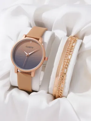 1pc Ombre Round Pointer Quartz Watch & 1pc Layered Bracelet - Khaki