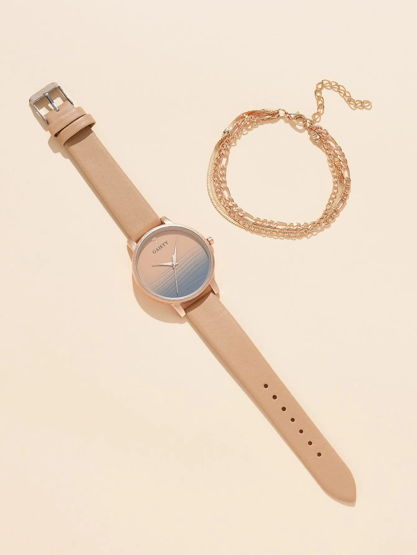 1pc Ombre Round Pointer Quartz Watch & 1pc Layered Bracelet - Khaki