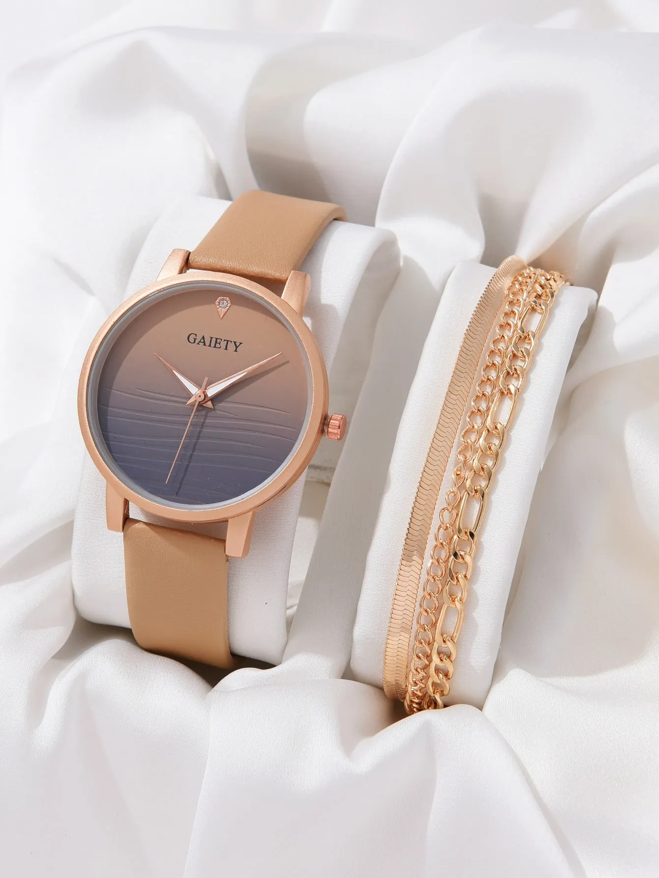1pc Ombre Round Pointer Quartz Watch & 1pc Layered Bracelet - Khaki