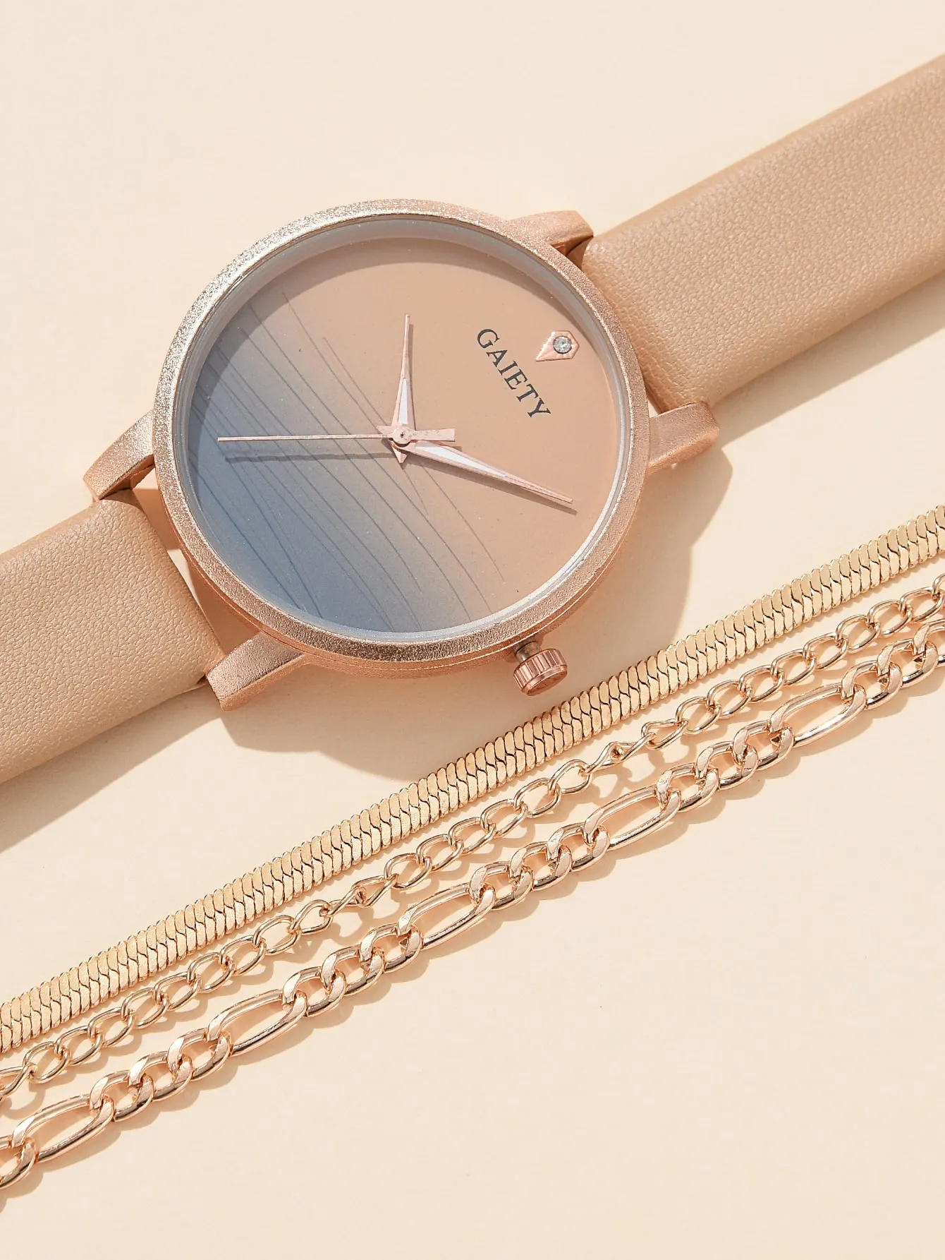 1pc Ombre Round Pointer Quartz Watch & 1pc Layered Bracelet - Khaki