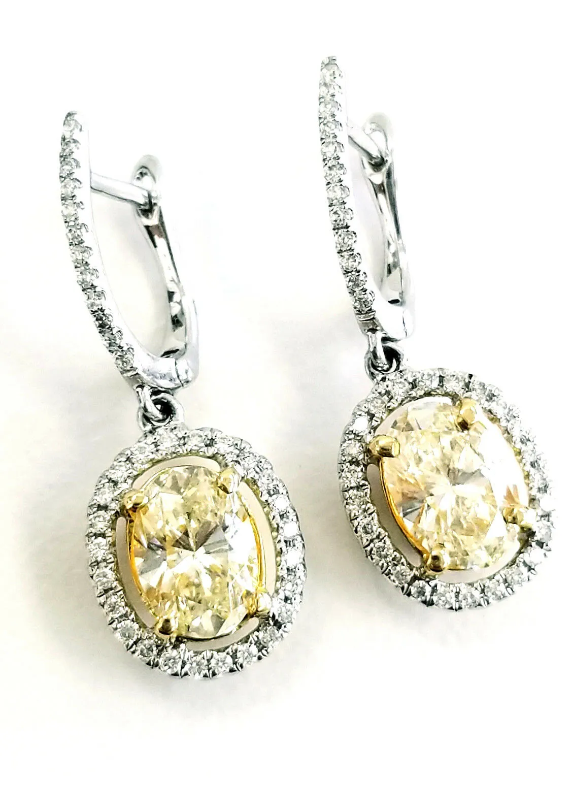 2 Carat Drop Earrings Natural Diamonds Canary Yellow Color 18K Gold Oval Cut