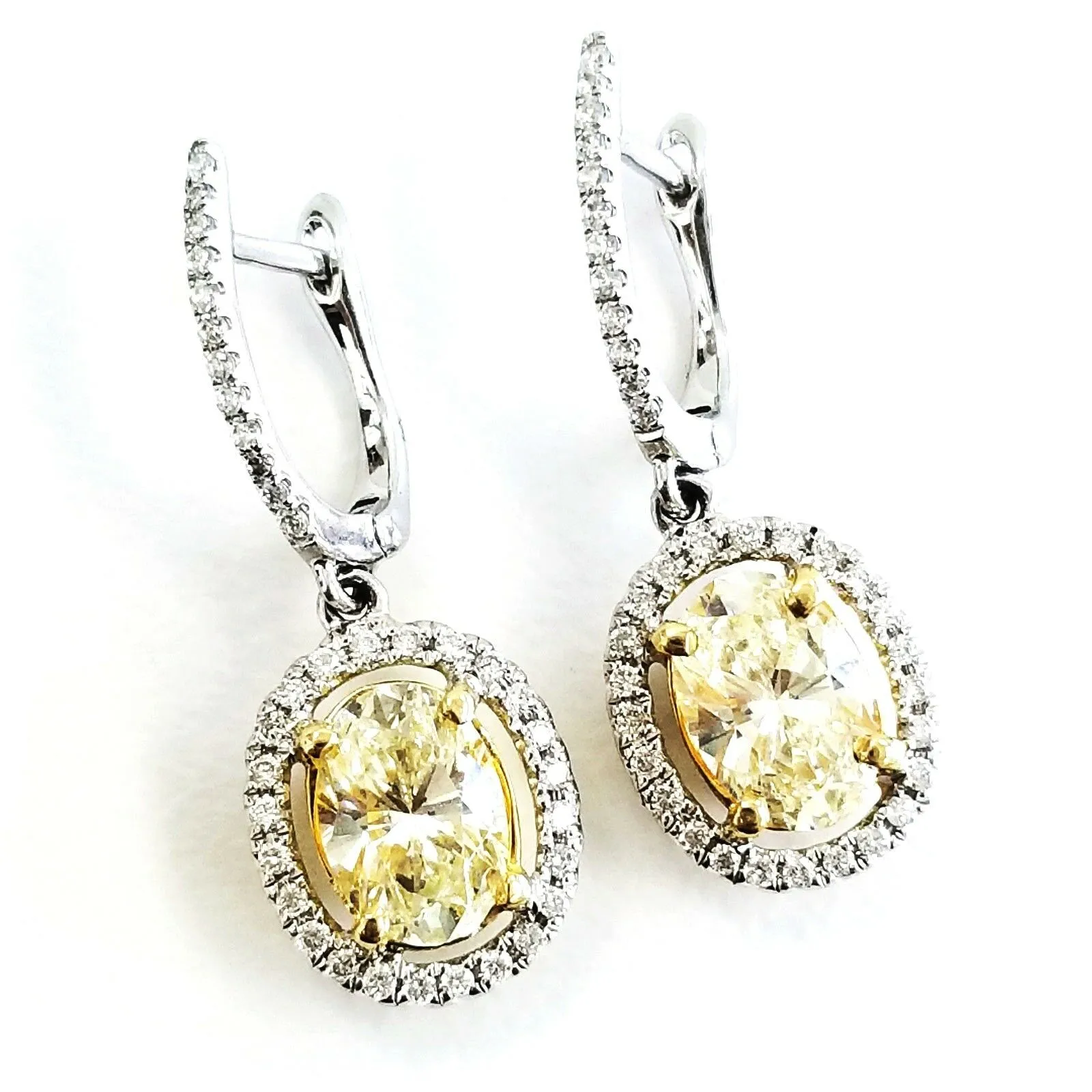 2 Carat Drop Earrings Natural Diamonds Canary Yellow Color 18K Gold Oval Cut
