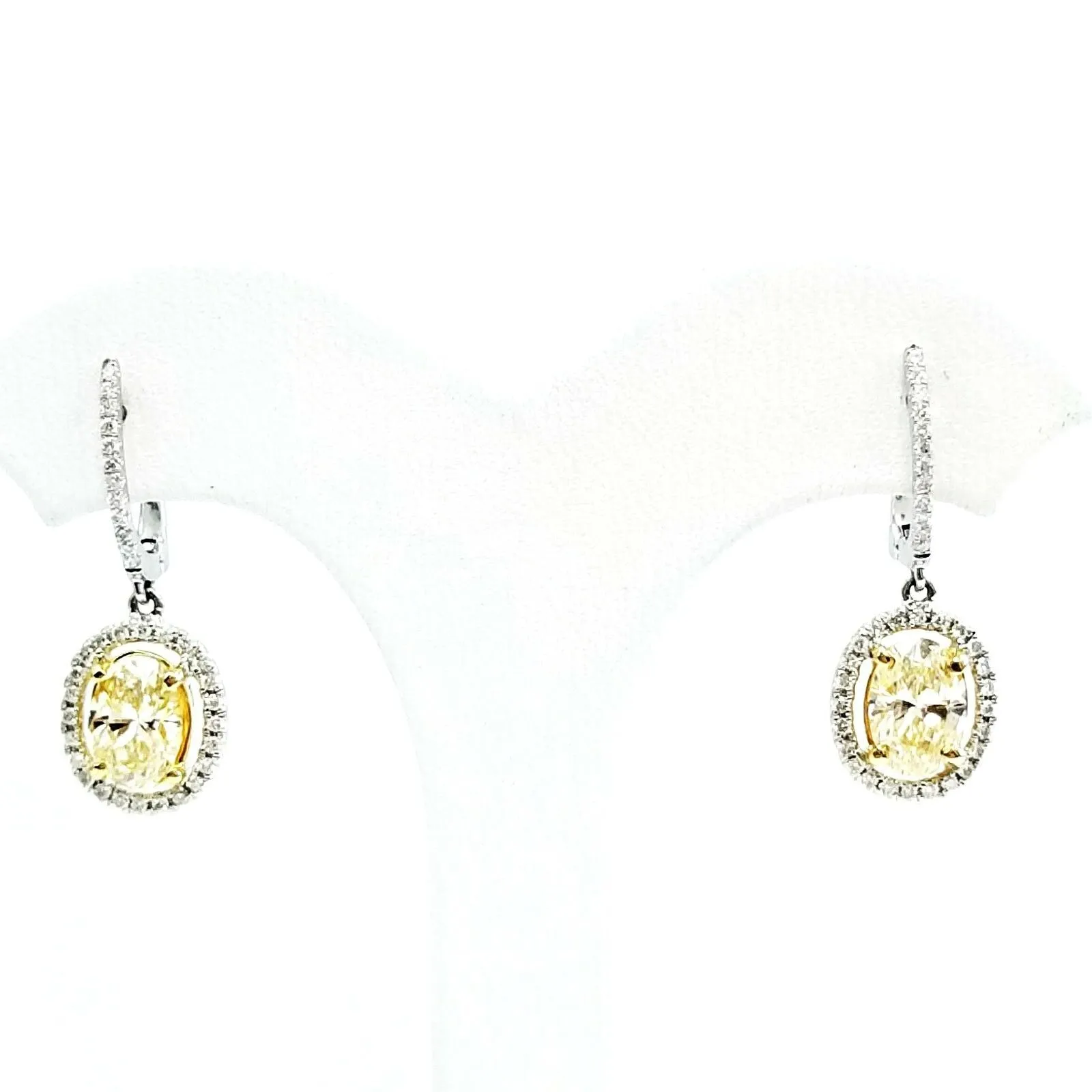 2 Carat Drop Earrings Natural Diamonds Canary Yellow Color 18K Gold Oval Cut