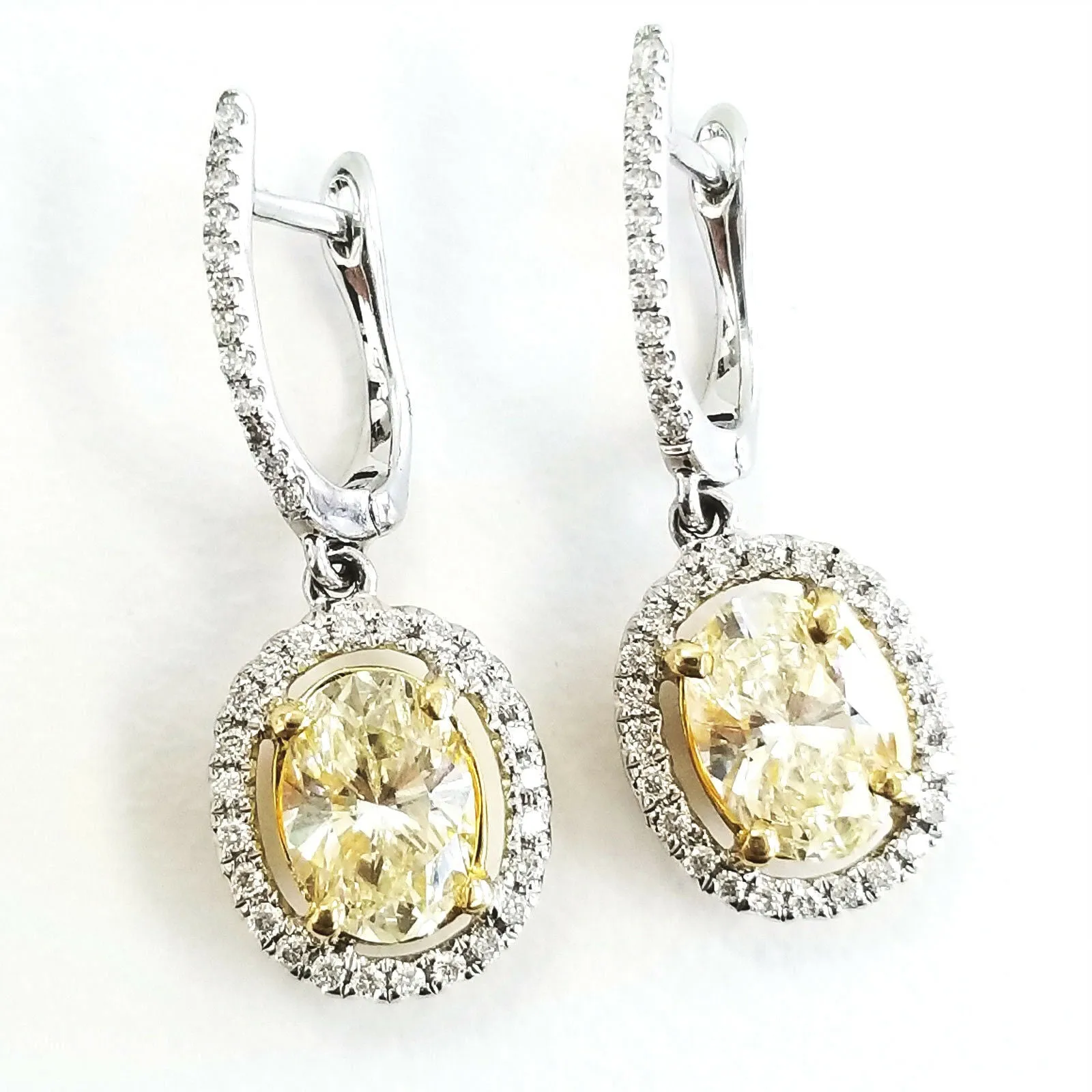 2 Carat Drop Earrings Natural Diamonds Canary Yellow Color 18K Gold Oval Cut