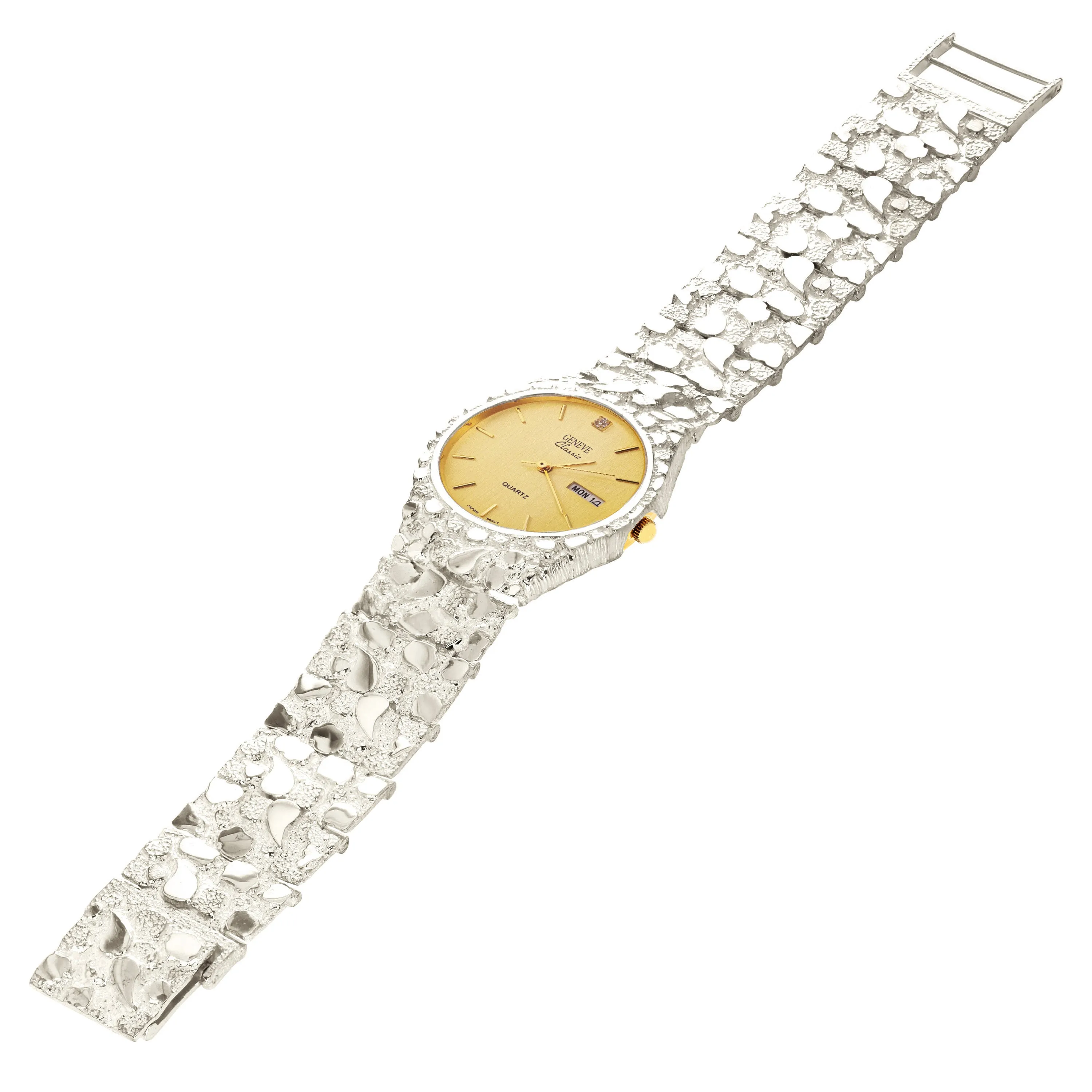 925 Sterling Silver Nugget Wrist Watch Geneve Diamond Watch 7-7.5" Straight Band