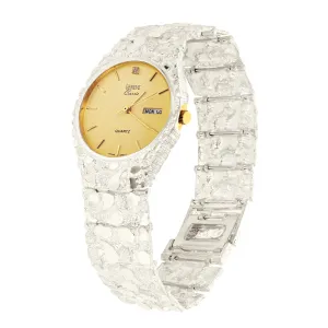 925 Sterling Silver Nugget Wrist Watch Geneve Diamond Watch 7-7.5" Straight Band