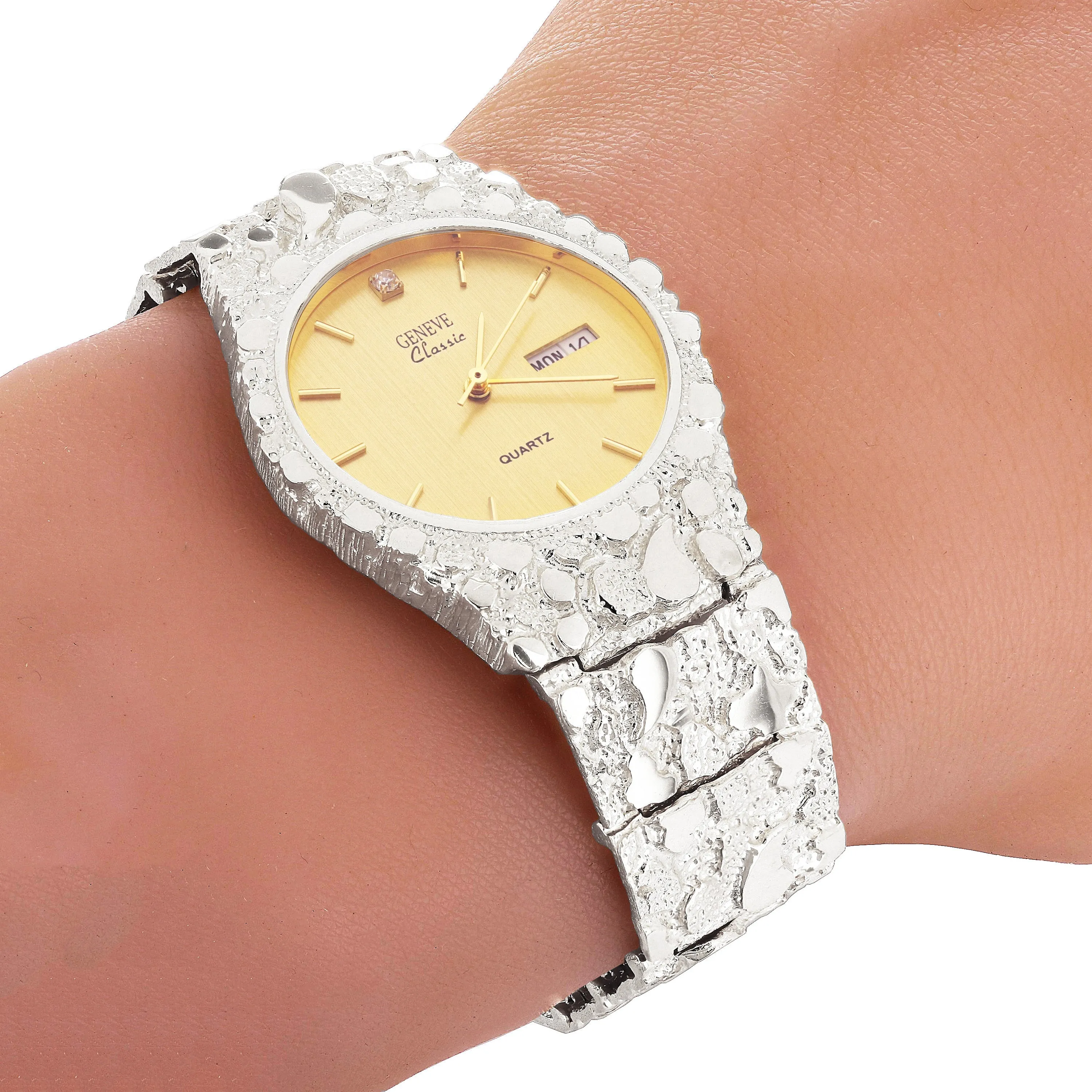 925 Sterling Silver Nugget Wrist Watch Geneve Diamond Watch 7-7.5" Straight Band