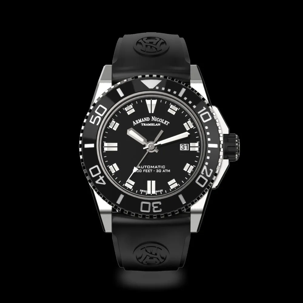 ARMAND NICOLET JS9-44 MEN'S AUTOMATIC BLACK RUBBER STRAP BLACK DIAL WATCH