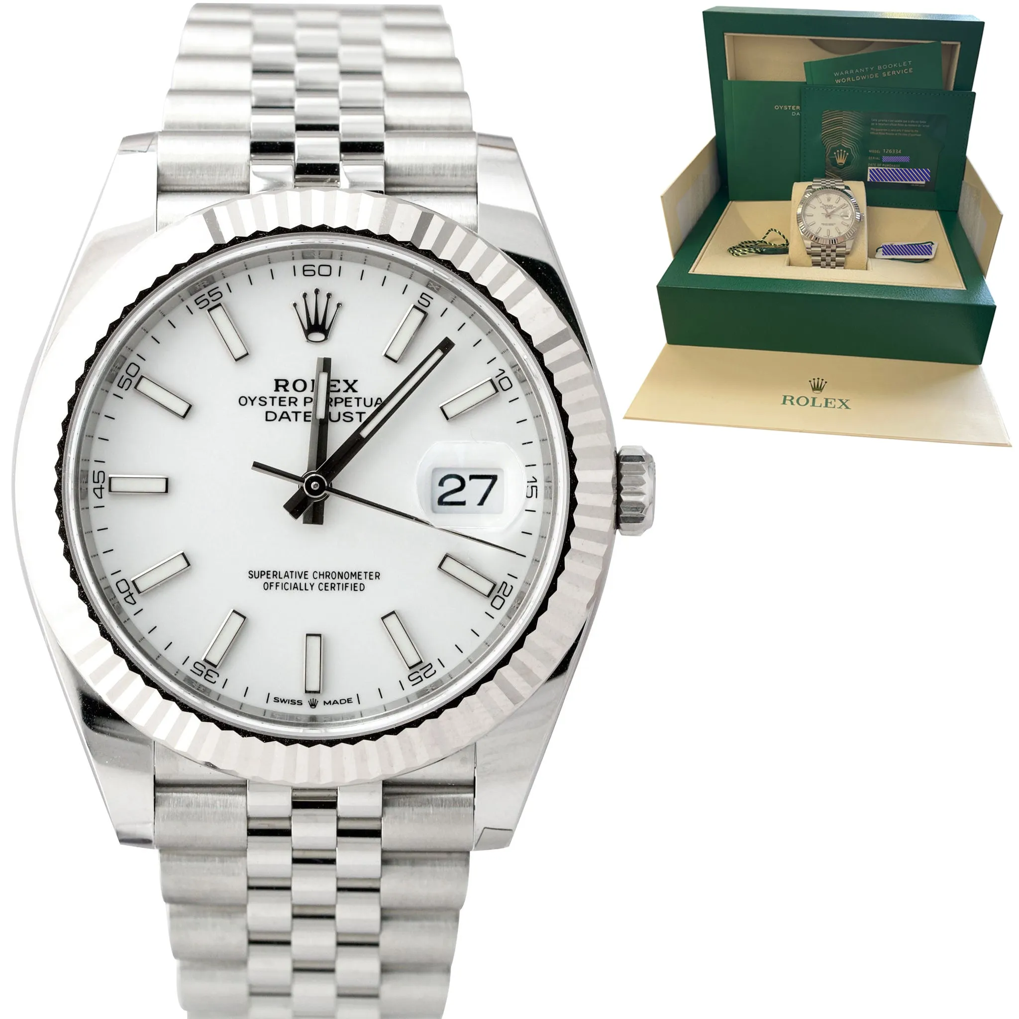 AUGUST 2022 Rolex DateJust 41 White 41mm Stainless 18K Jubilee Watch 126334 B P