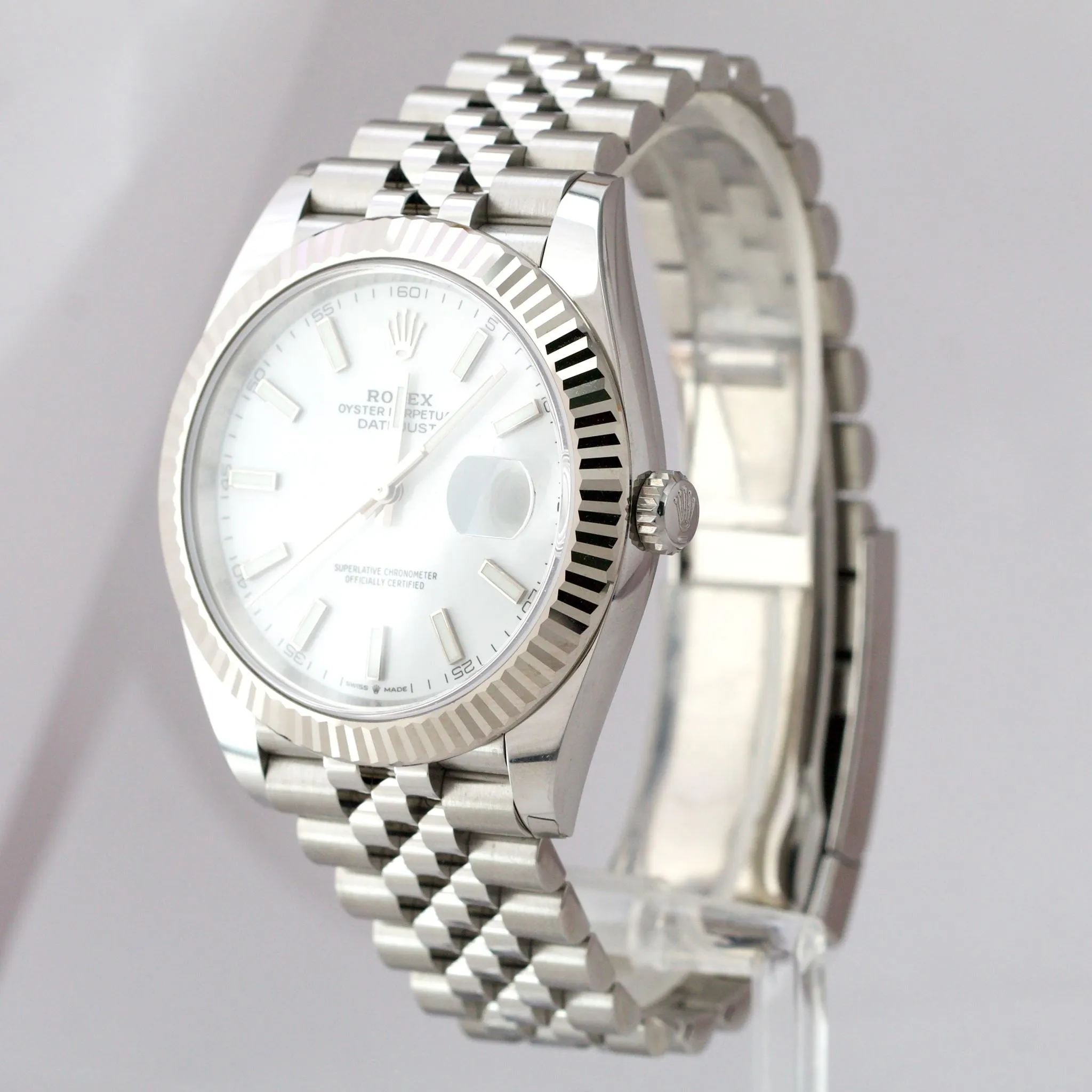AUGUST 2022 Rolex DateJust 41 White 41mm Stainless 18K Jubilee Watch 126334 B P