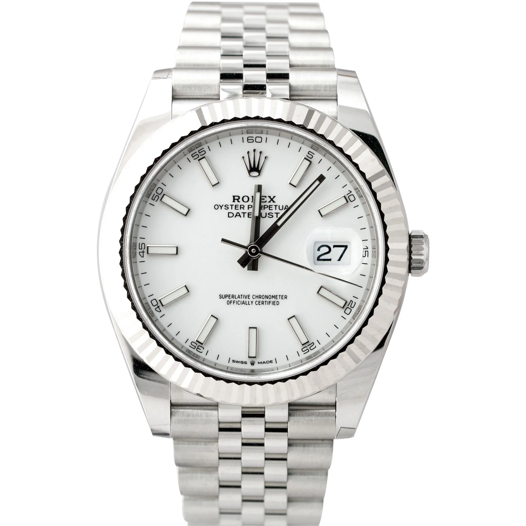 AUGUST 2022 Rolex DateJust 41 White 41mm Stainless 18K Jubilee Watch 126334 B P