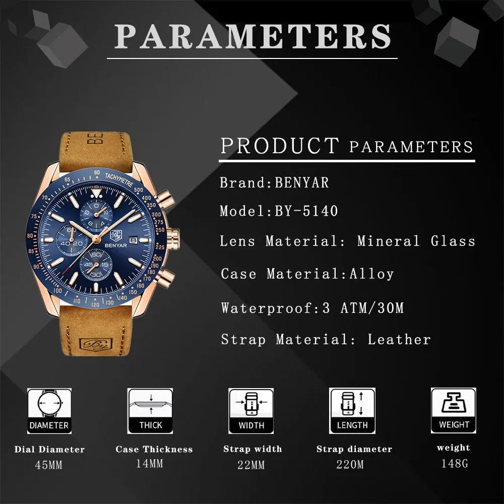 BENYAR Men’s Watch Chronograph Waterproof Sport Fashion Quartz Military Watch Relogio Masculino