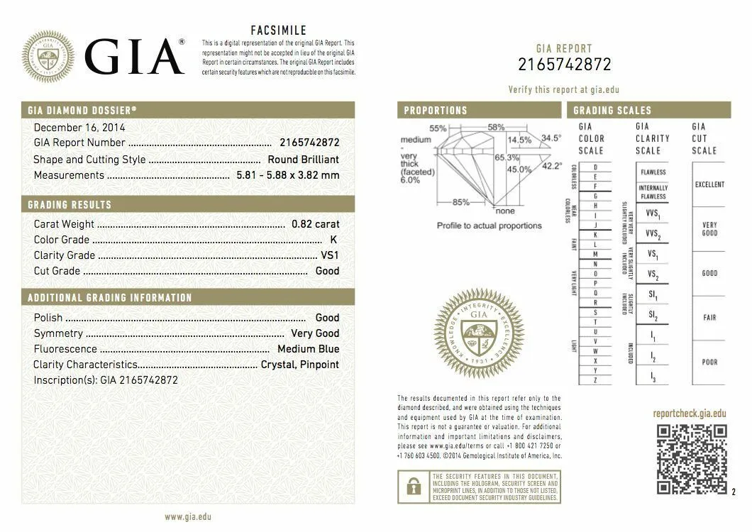 Big Natural Loose Diamond 0.82 CT K VS1 GIA Certified Round Cut Brilliant