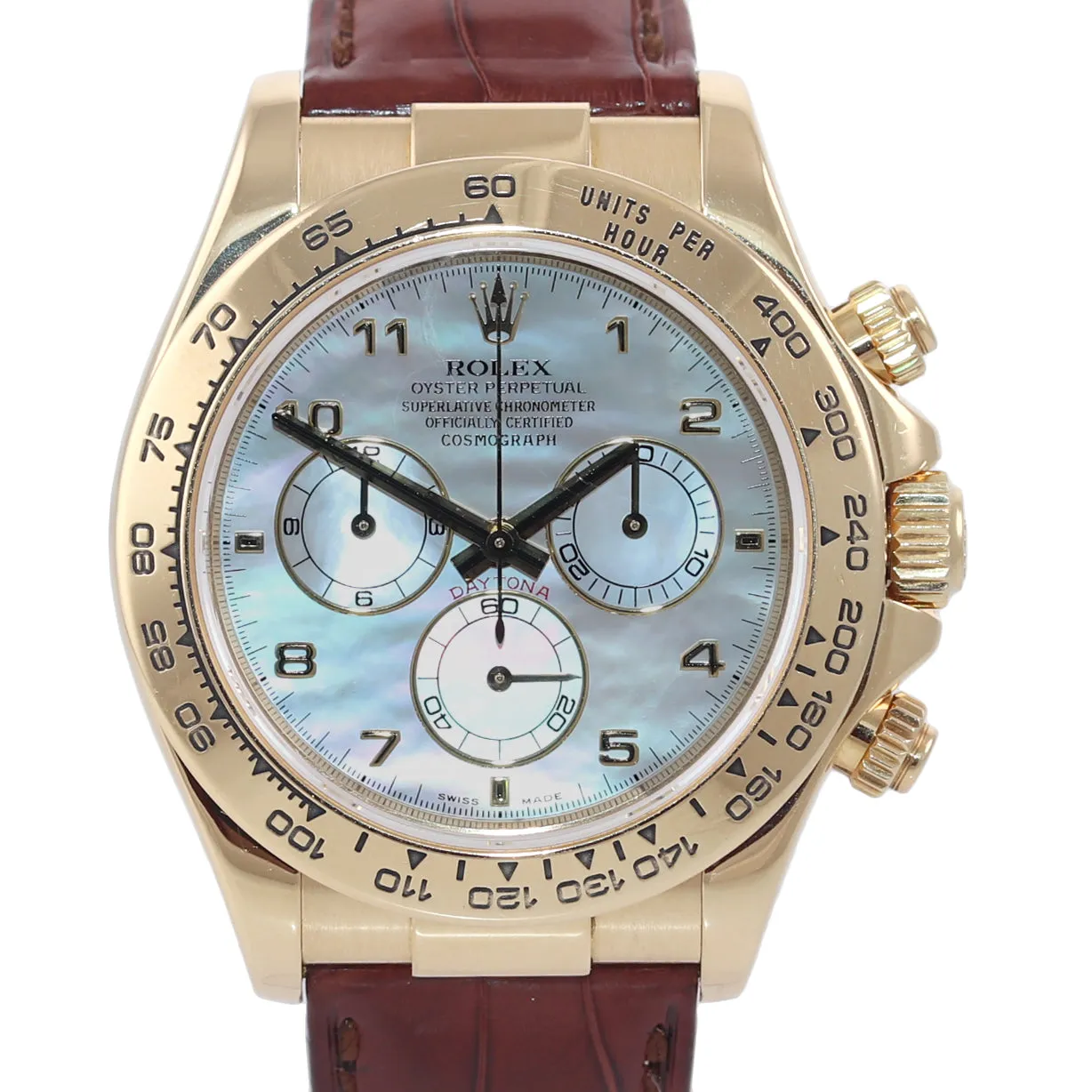 BOX PAPERS Rolex Daytona MOP Mother of Pearl 116518 Leather Yellow Gold Watch