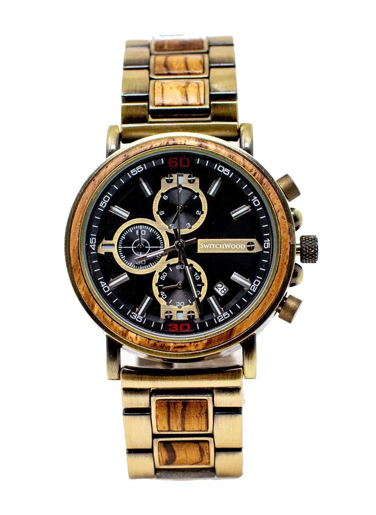 Brass Chrono - Zebra Wood & Brass Stainless Steel Watch by Switchwood