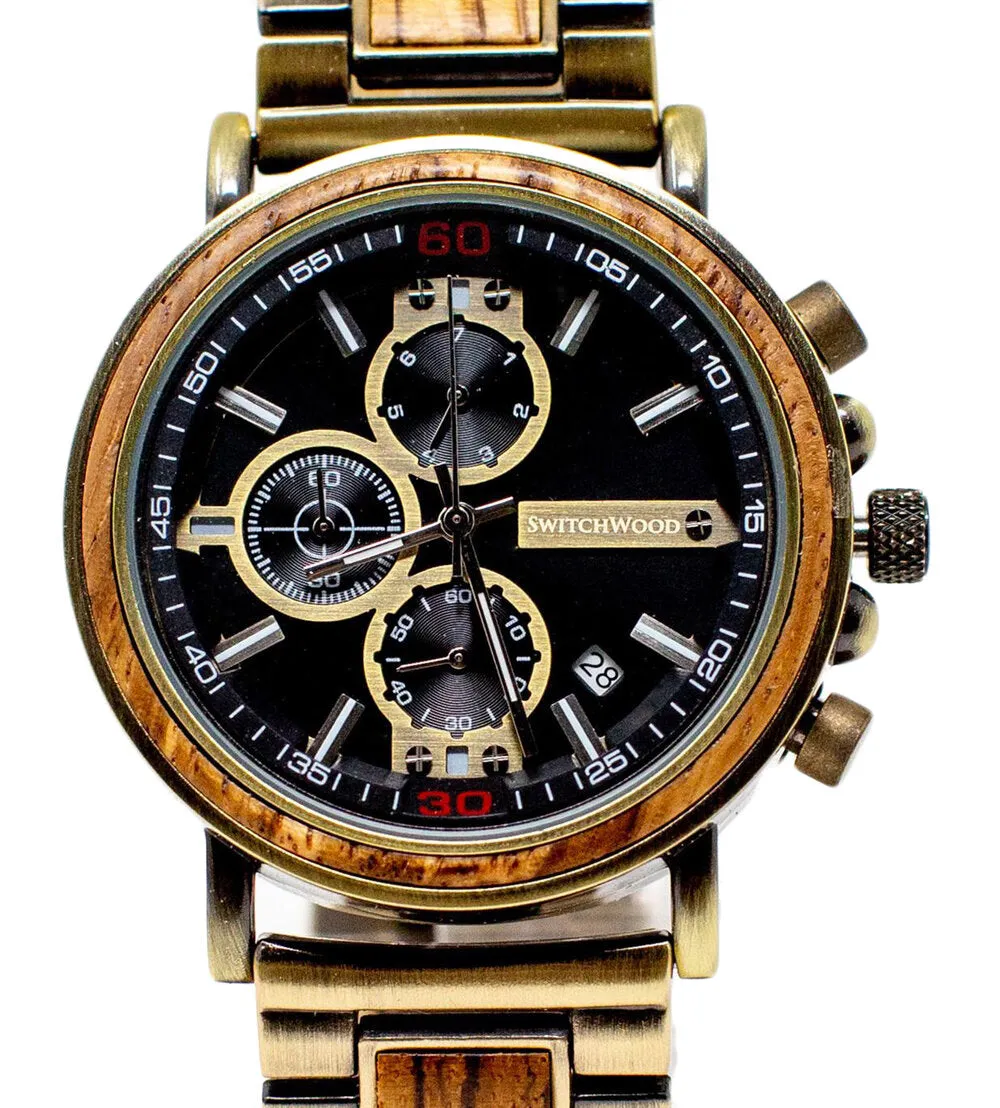 Brass Chrono - Zebra Wood & Brass Stainless Steel Watch by Switchwood