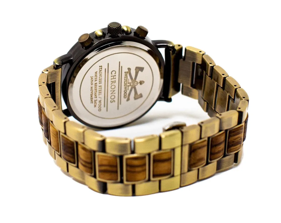 Brass Chrono - Zebra Wood & Brass Stainless Steel Watch by Switchwood