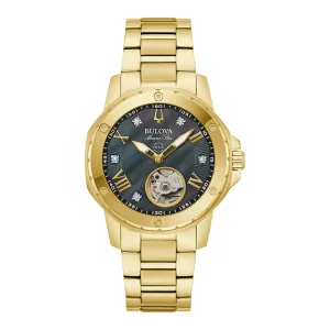 Bulova Marine Star Open Heart Ladies Gold Tone Black Mother of Pearl Dial Watch