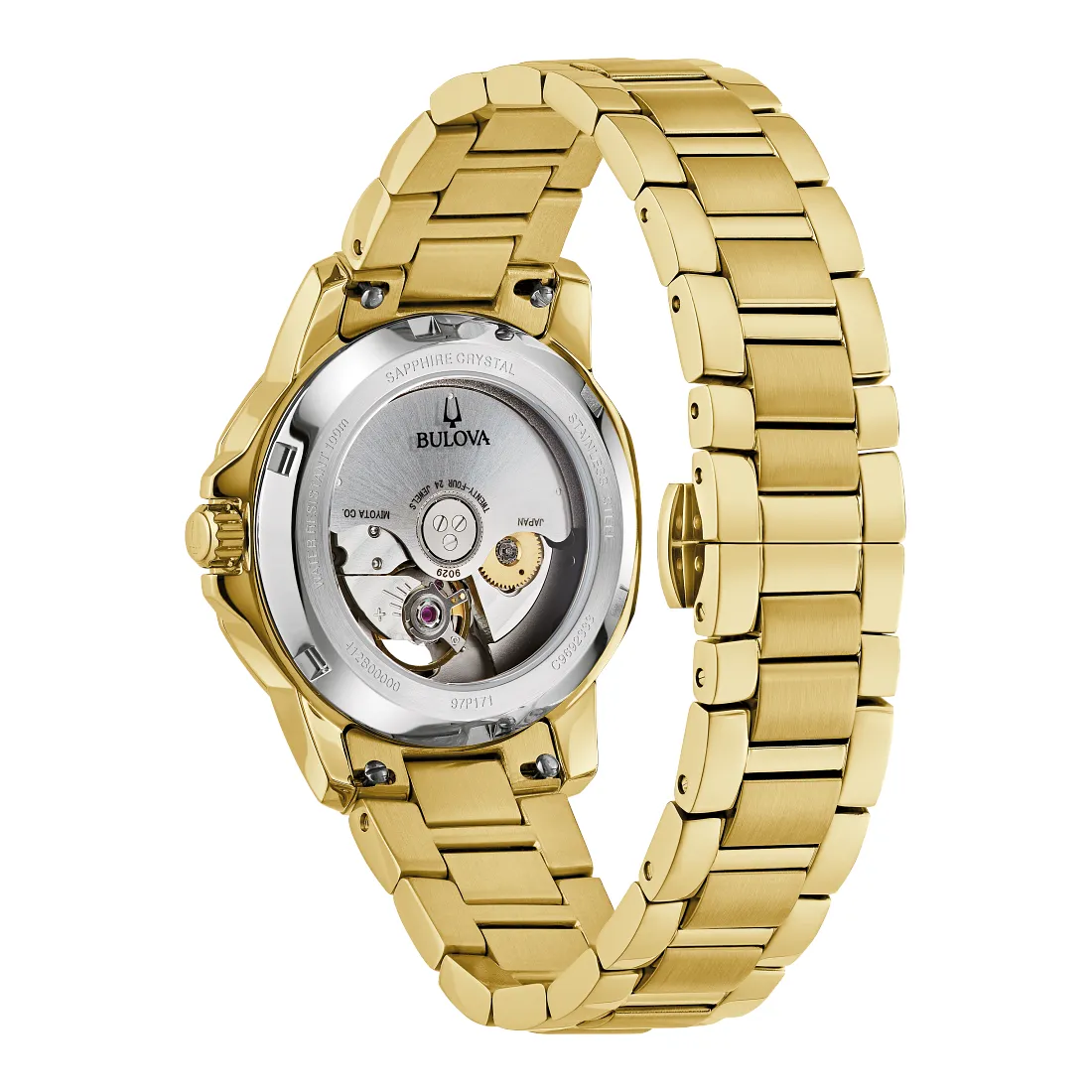 Bulova Marine Star Open Heart Ladies Gold Tone Black Mother of Pearl Dial Watch