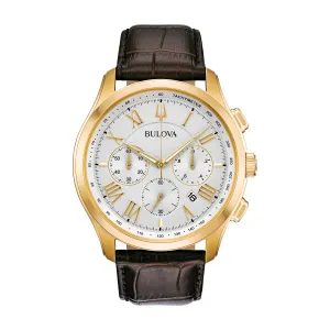 Bulova Wilton Mens Chronograph Gold Tone Brown Leather Strap Watch