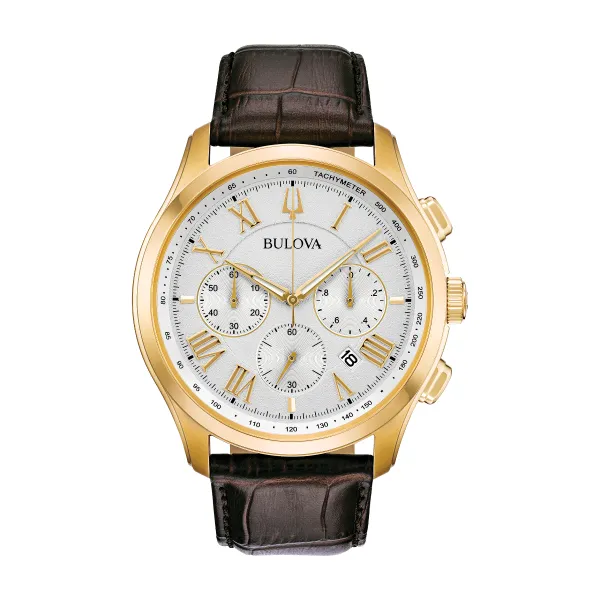 Bulova Wilton Mens Chronograph Gold Tone Brown Leather Strap Watch