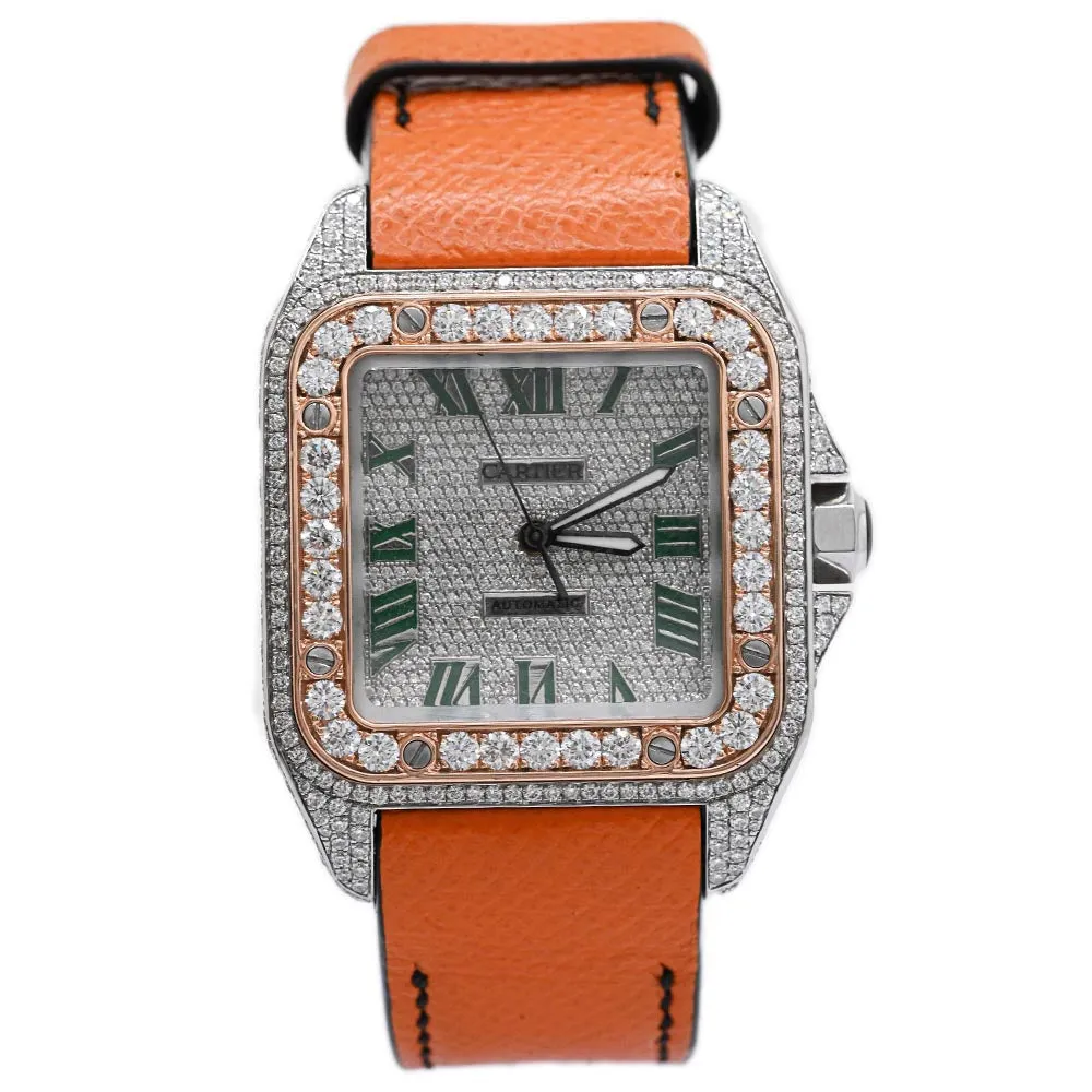 Cartier Men's Santos 100 Stainless Steel 39mm Custom Pave Diamond Dial w/ Green Roman Markers Watch Reference #: W20121U2