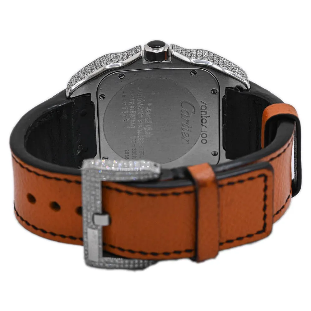 Cartier Men's Santos 100 Stainless Steel 39mm Custom Pave Diamond Dial w/ Green Roman Markers Watch Reference #: W20121U2