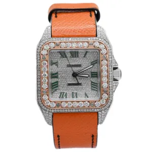 Cartier Men's Santos 100 Stainless Steel 39mm Custom Pave Diamond Dial w/ Green Roman Markers Watch Reference #: W20121U2