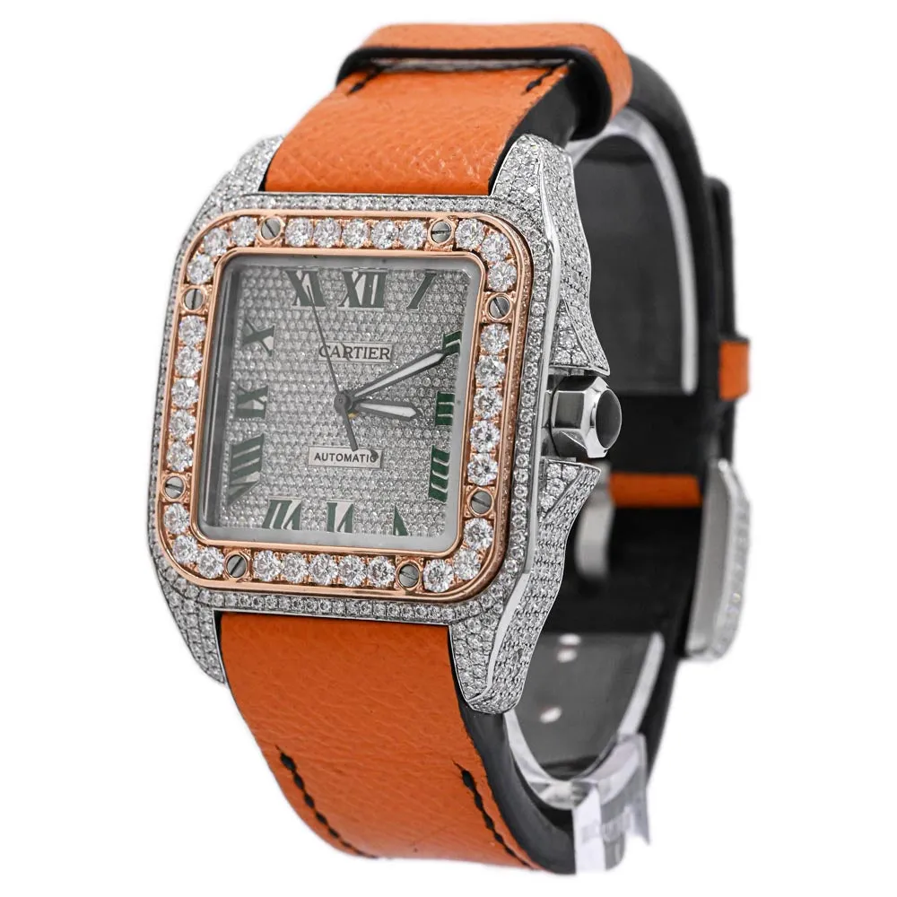 Cartier Men's Santos 100 Stainless Steel 39mm Custom Pave Diamond Dial w/ Green Roman Markers Watch Reference #: W20121U2