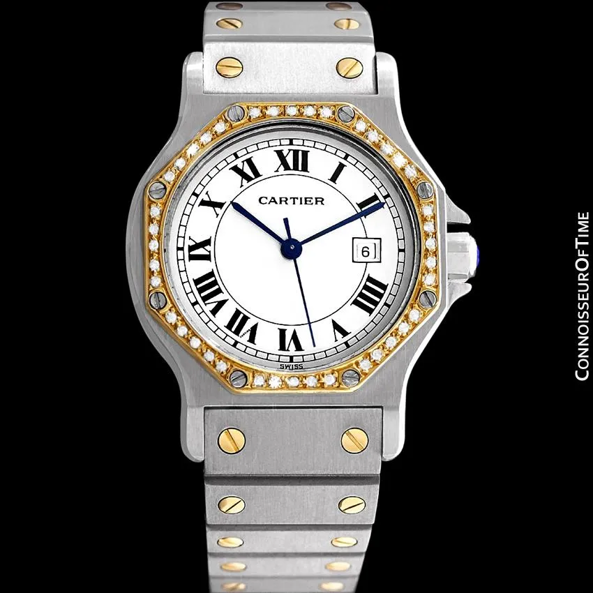 Cartier Santos Octagon Mens Midsize Watch, Automatic - Stainless Steel, 18K Gold and Diamonds