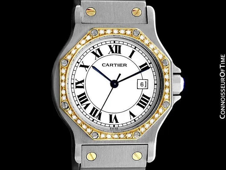 Cartier Santos Octagon Mens Midsize Watch, Automatic - Stainless Steel, 18K Gold and Diamonds