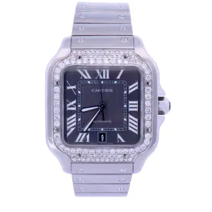 Cartier Santos Stainless Steel 42mm Iced Out Bezel Grey Dial Watch | Ref# WSSA0037