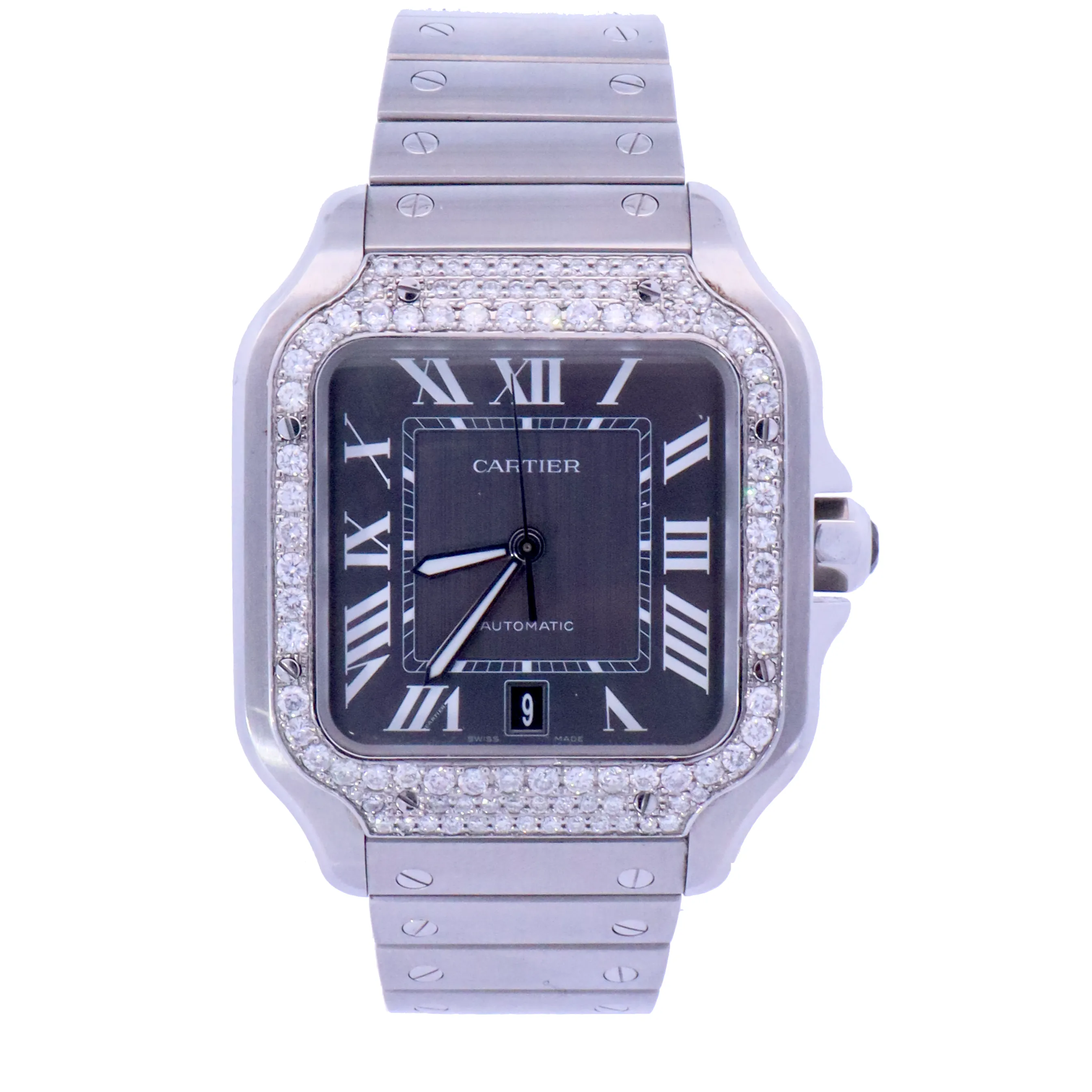 Cartier Santos Stainless Steel 42mm Iced Out Bezel Grey Dial Watch | Ref# WSSA0037