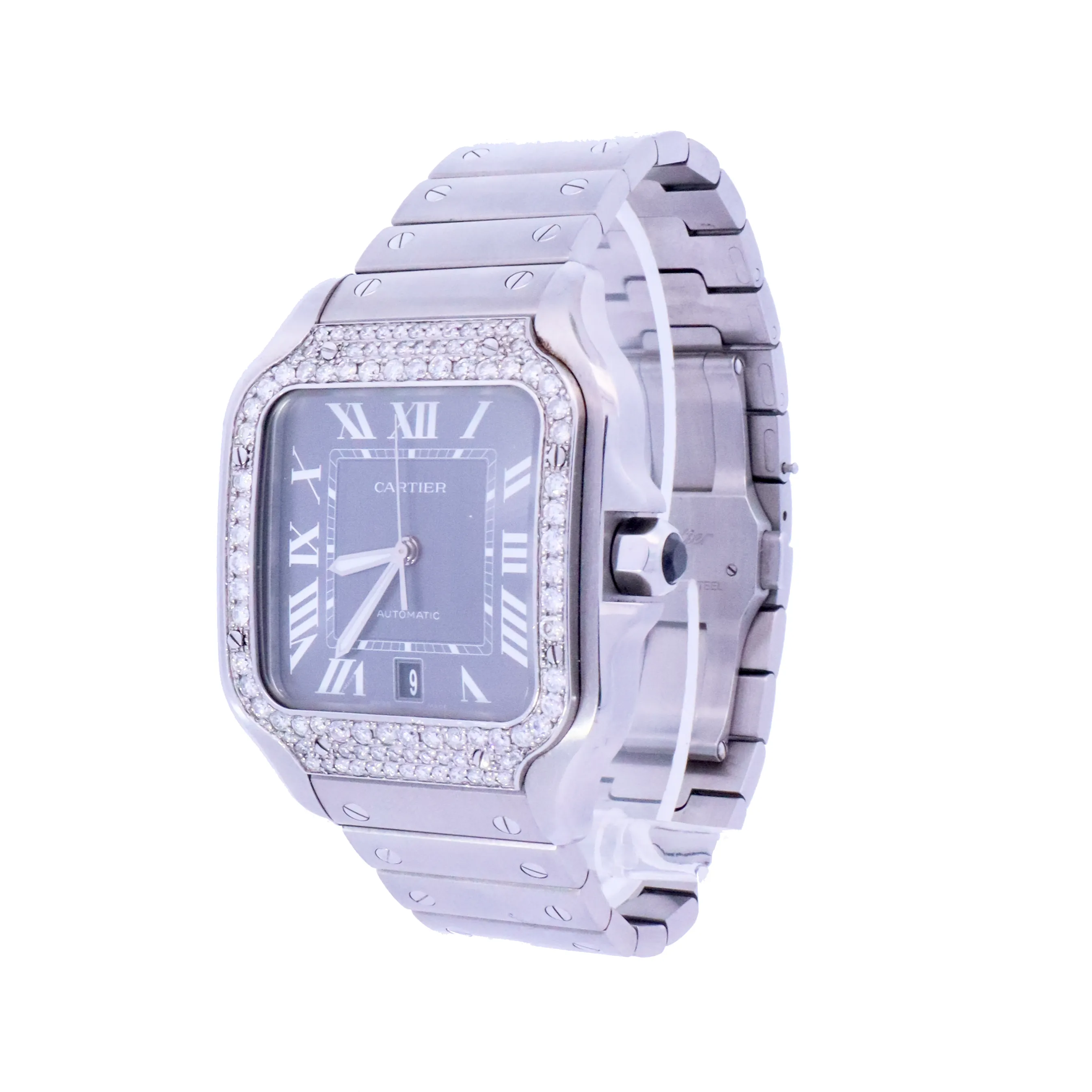 Cartier Santos Stainless Steel 42mm Iced Out Bezel Grey Dial Watch | Ref# WSSA0037