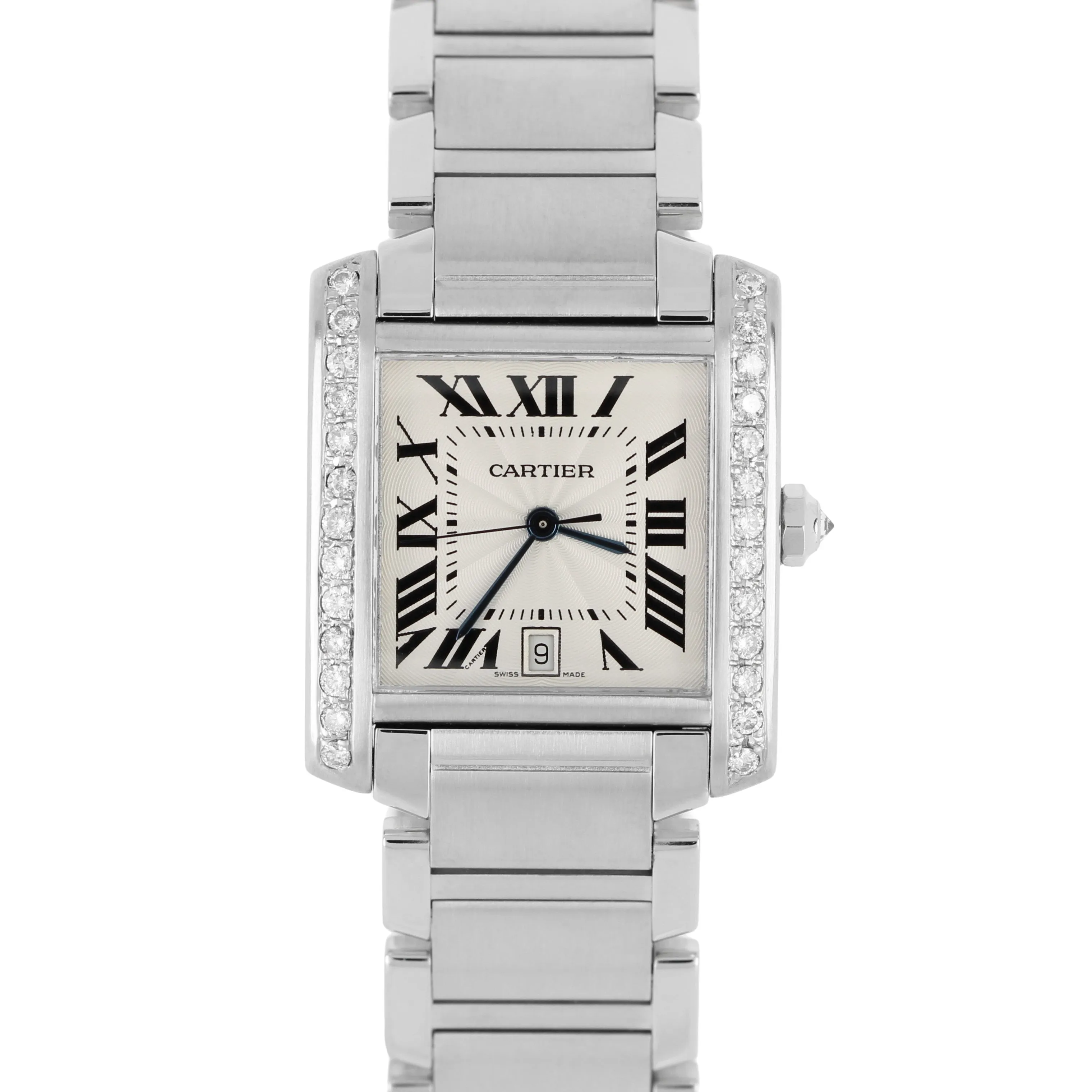 Cartier Tank Francaise Steel DIAMONDS White Guilloche 28mm 2302 Watch
