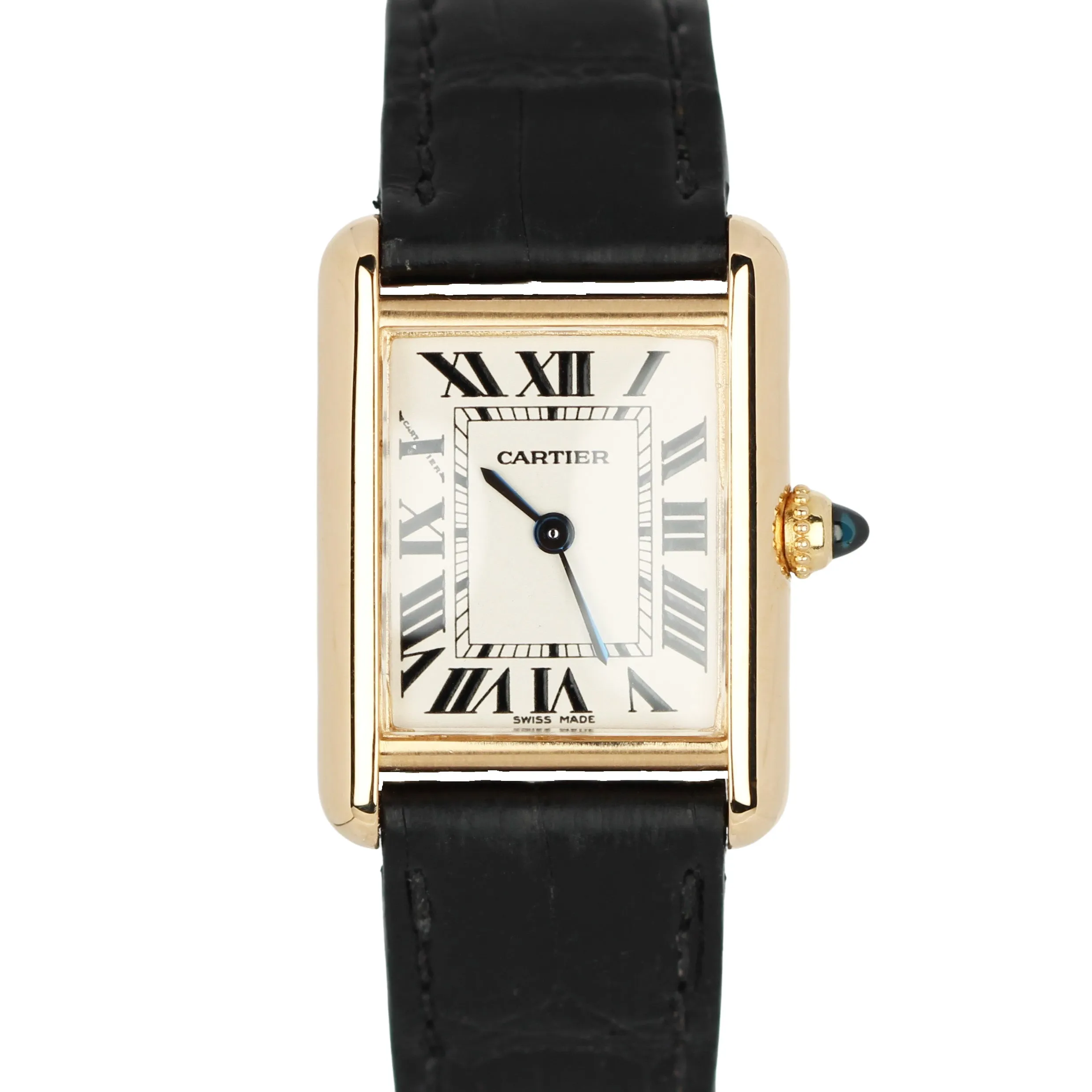 Cartier Tank Louis 18k Yellow Gold White Dial Black Leather 21mmx28mm 2442 Watch