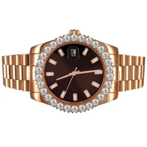 Chocolate Brown Baguette Dial 41mm Icy Bezel Rose Gold Watch