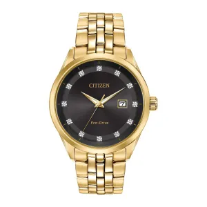 Citizen Corso Mens Eco Drive Gold Tone Diamonds and Black Dial Watch