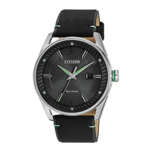 Citizen Drive Mens Eco Drive Stainless Steel Black Leather Strap Watch