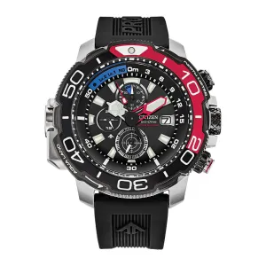 Citizen Promaster Aqualand Mens Divers Eco Drive Chronohraph Silver Tone Black Strap Watch