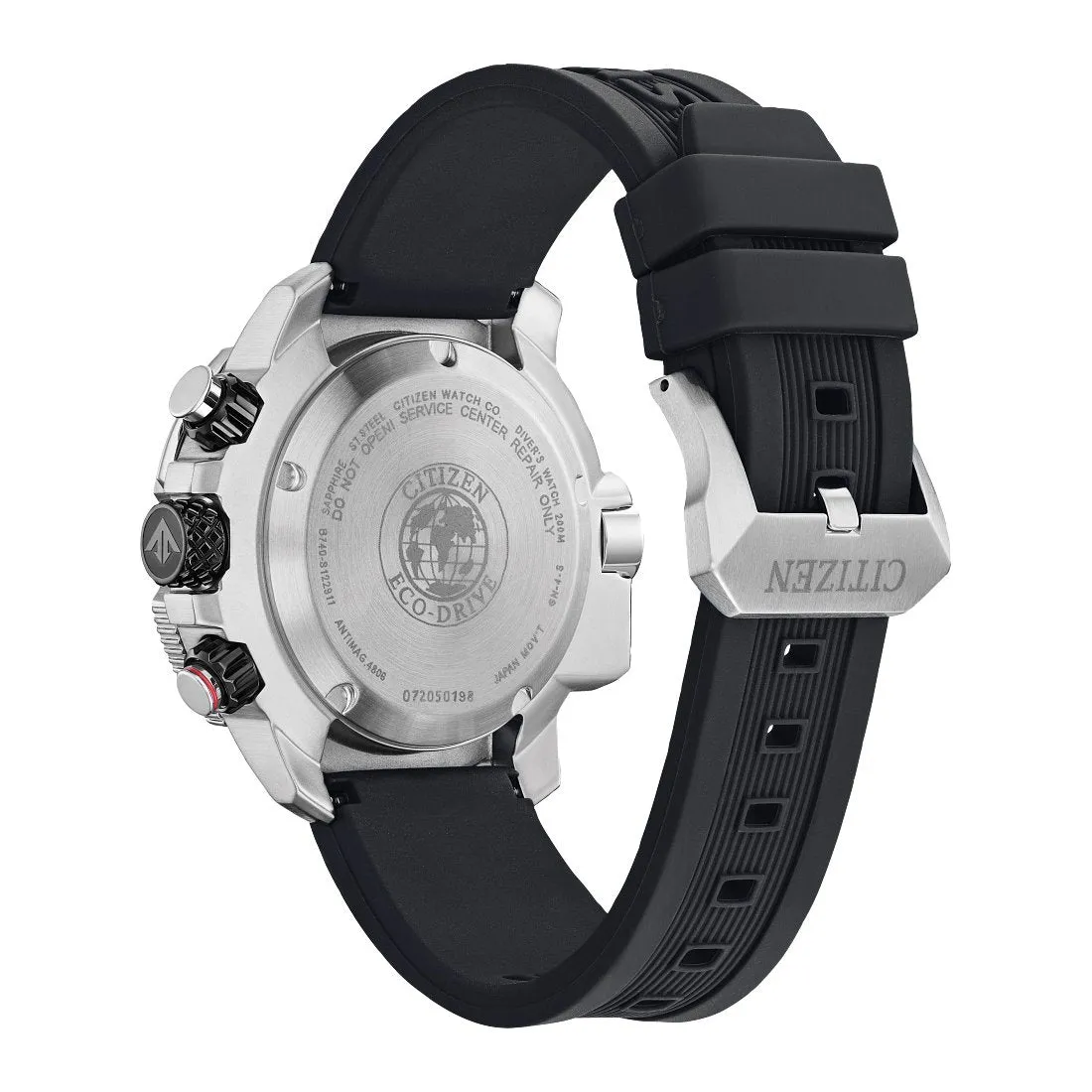 Citizen Promaster Aqualand Mens Divers Eco Drive Chronohraph Silver Tone Black Strap Watch