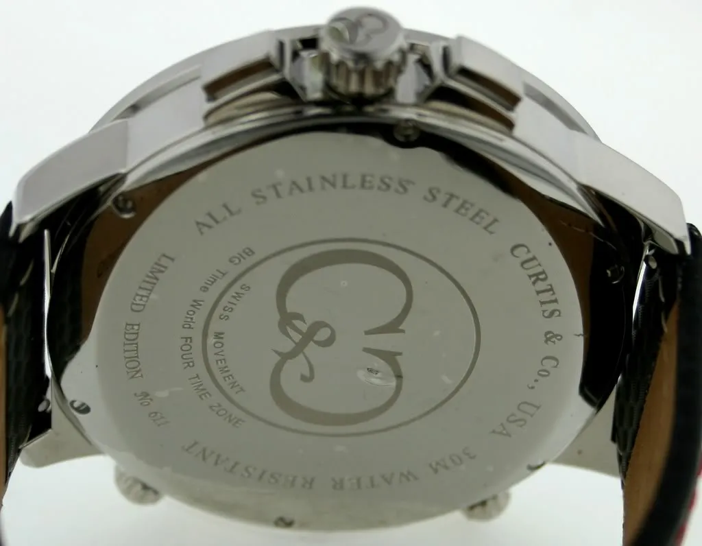 CURTIS & CO. BIG TIME WORLD RED DIAL STEEL 4 TIME ZONE